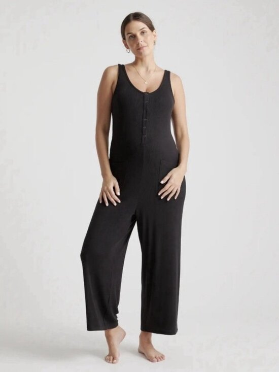 Quince Pants - Quince  Black Tencel Rib Maternity & Nursing Jumpsuit Ladies Large NWT Preppy